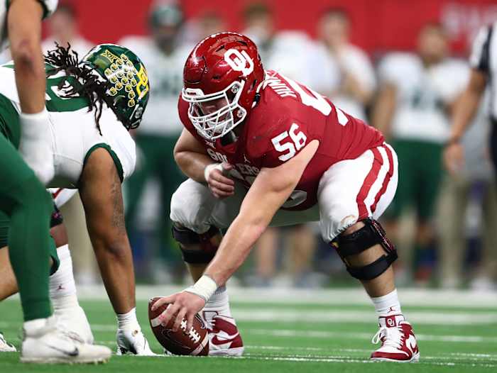 Dec 7, 2019; Arlington, TX, USA; Oklahoma Sooner center Creed Humphrey (56) prepares to snap the ball against the Baylor Bears in the 2019 Big 12 Championship Game at AT&T Stadium. Mandatory Credit: Matthew Emmons-USA TODAY Sports